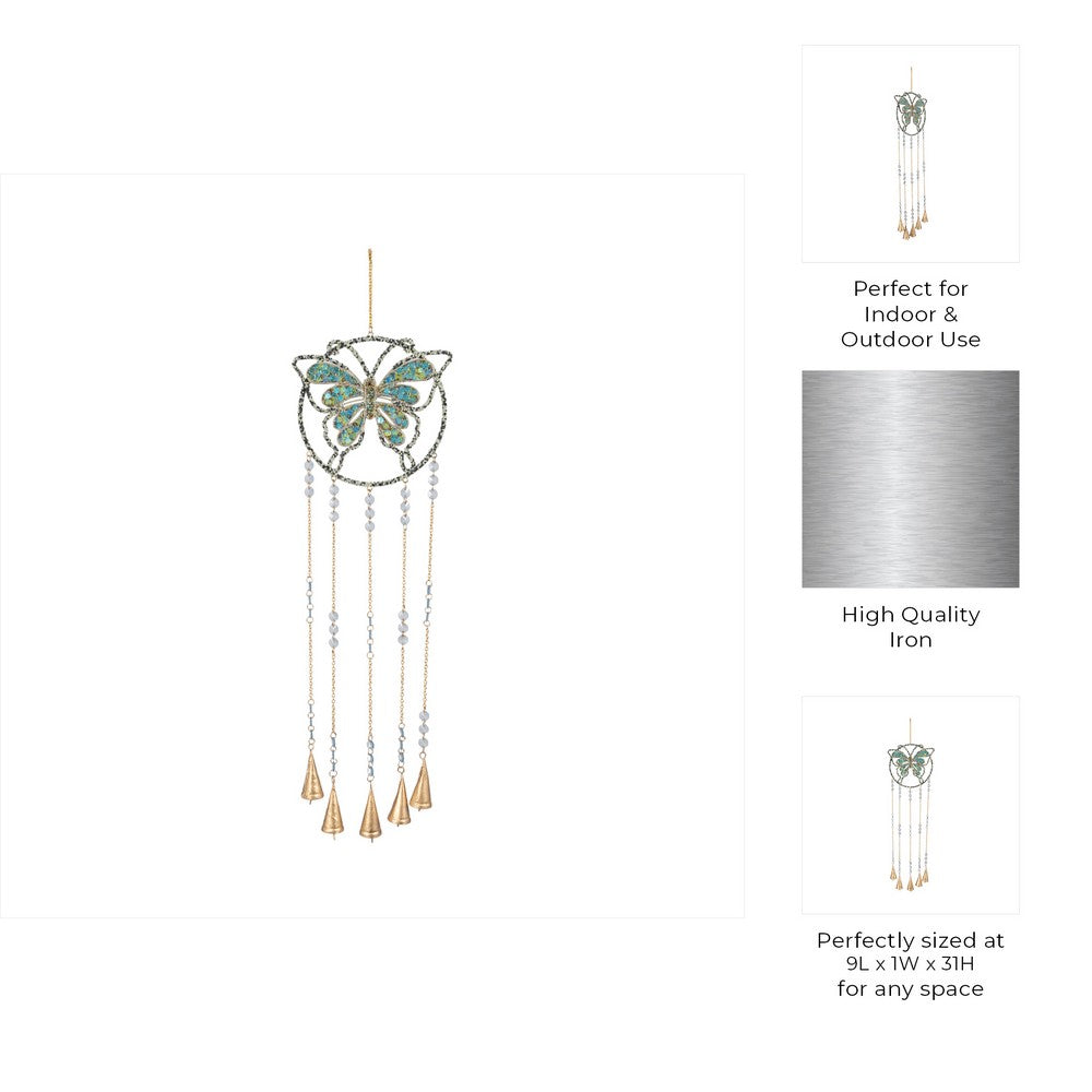 Wind Chime | Mosaic Butterfly with Gold Bells & Glass Beads | Blue Iron