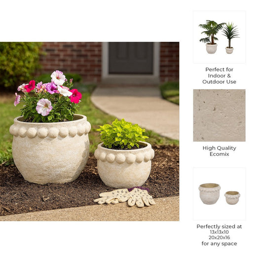Outdoor Planter Set of 2 | Round Shape | Bubble Rim | White Paper Mache