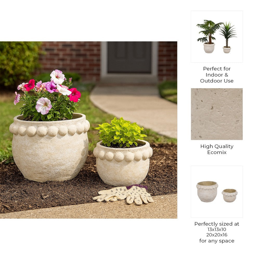 Outdoor Planter Set of 2 | Round Shape | Bubble Rim | White Paper Mache