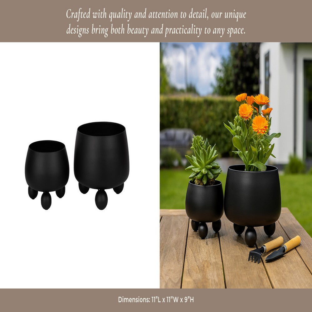 Modern Outdoor Garden Planter Set of 2 | Modern Black Iron Ball Footed