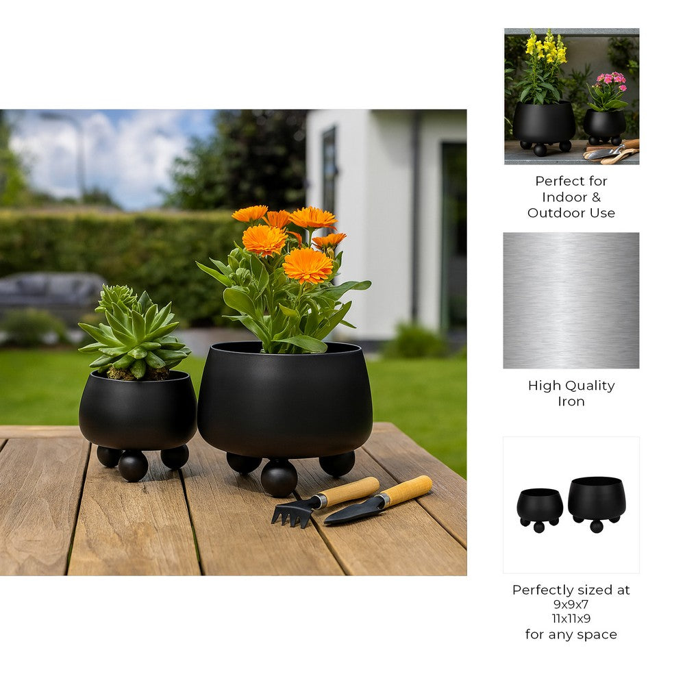 Modern Outdoor Garden Planter Set of 2 | Modern Black Iron Ball Footed