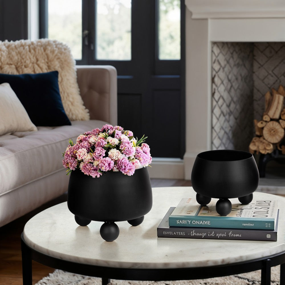 Modern Outdoor Garden Planter Set of 2 | Modern Black Iron Ball Footed