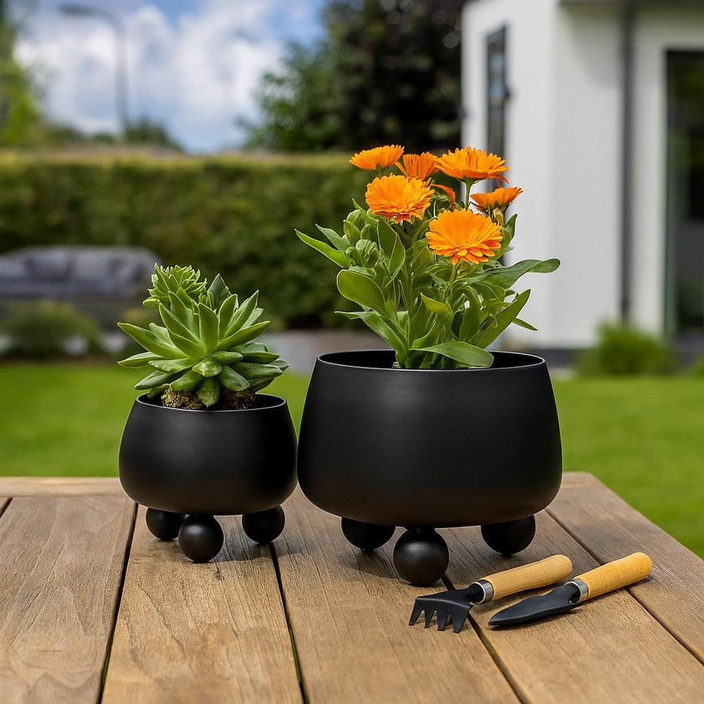 Modern Outdoor Garden Planter Set of 2 | Modern Black Iron Ball Footed