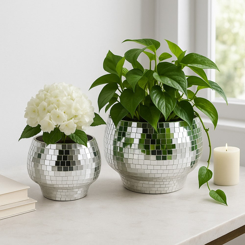Indoor Outdoor Planter Set of 2 | Curved Disco Mosaic Design | Silver Iron