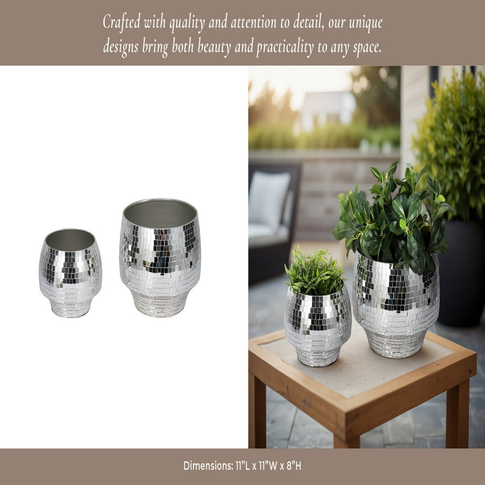 Indoor Outdoor Planter Set of 2 | Curved Disco Mosaic Design | Silver Iron