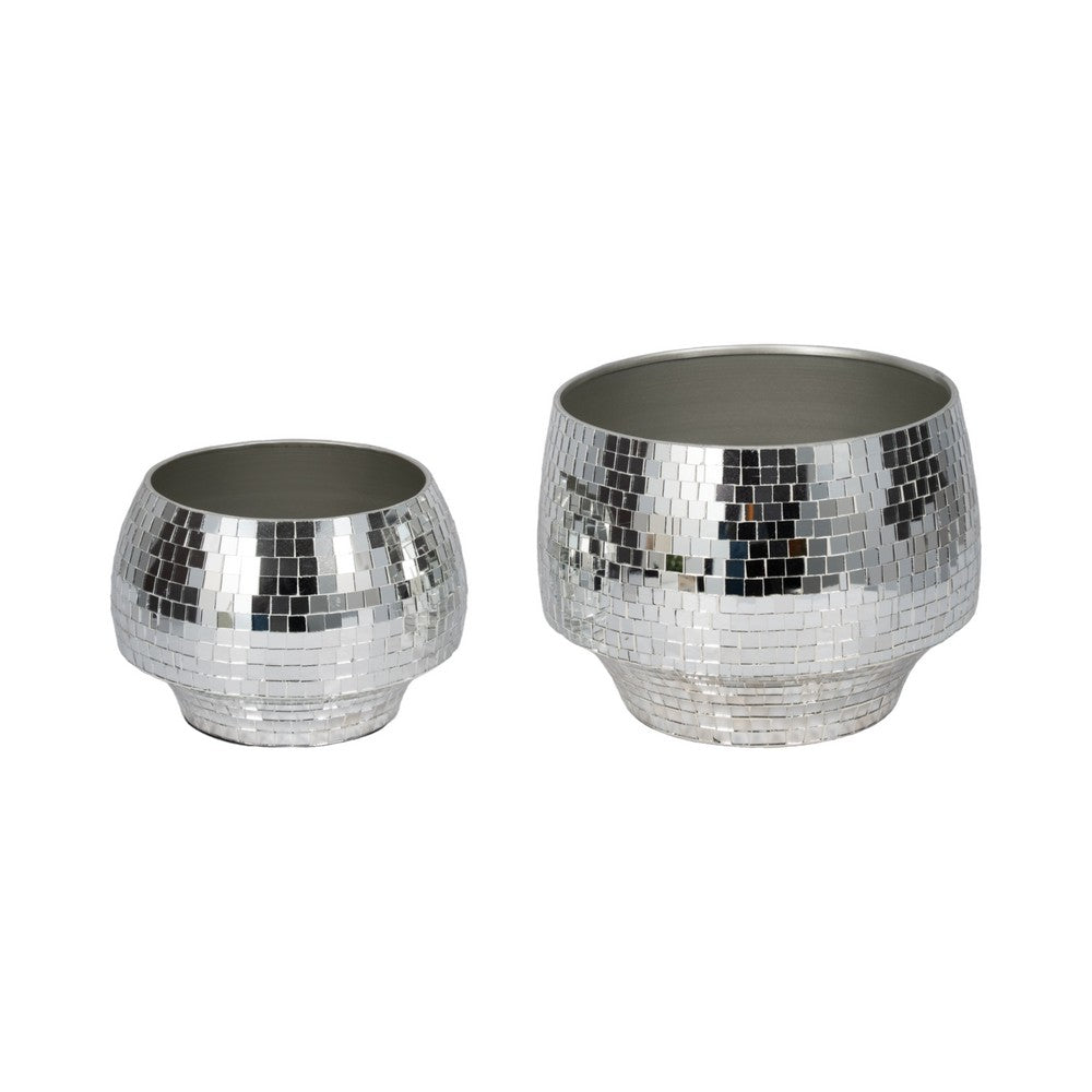 Indoor Outdoor Planter Set of 2 | Curved Disco Mosaic Design | Silver Iron