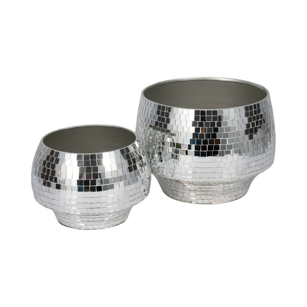 Indoor Outdoor Planter Set of 2 | Curved Disco Mosaic Design | Silver Iron