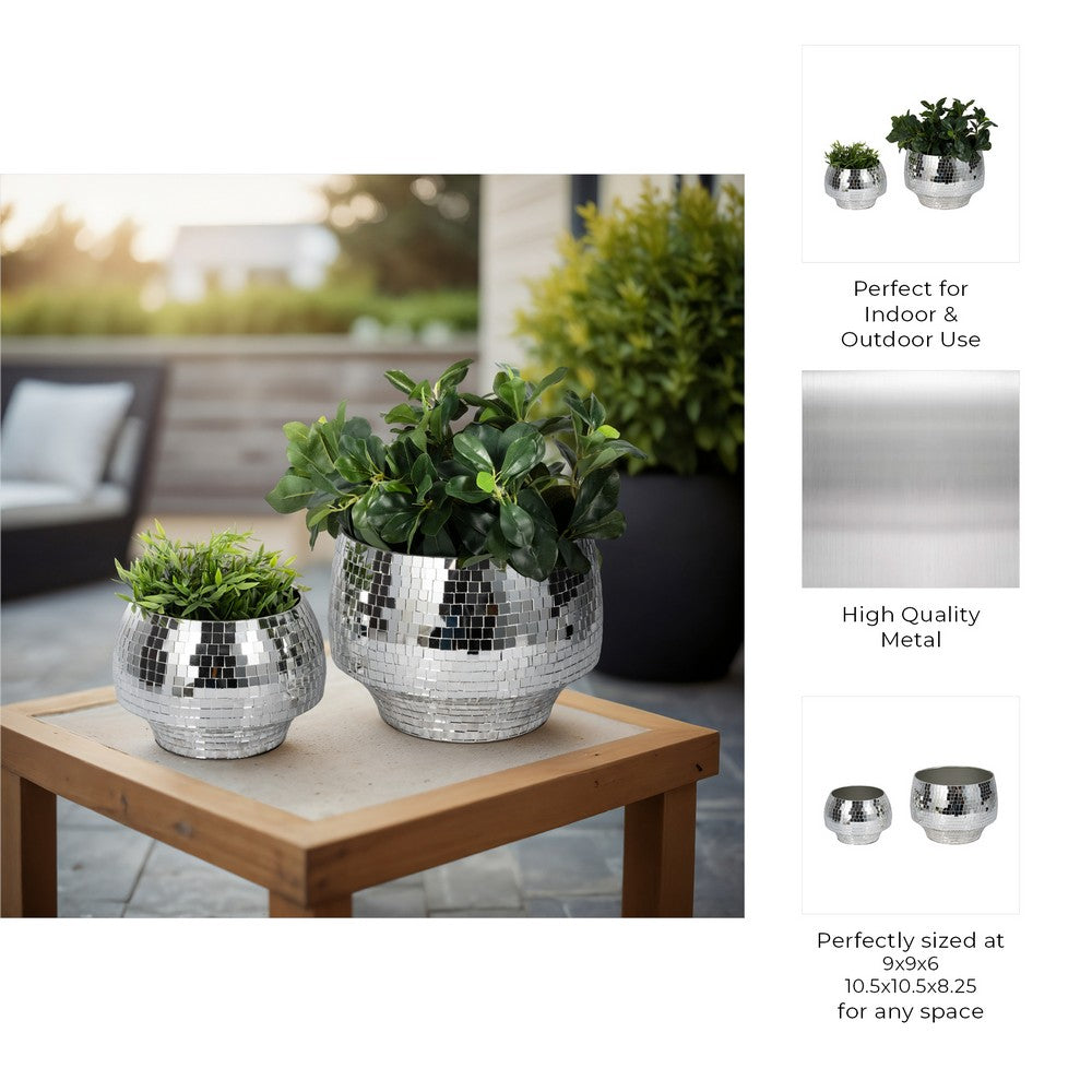 Indoor Outdoor Planter Set of 2 | Curved Disco Mosaic Design | Silver Iron