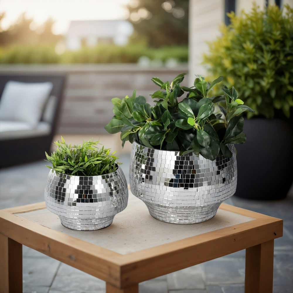 Indoor Outdoor Planter Set of 2 | Curved Disco Mosaic Design | Silver Iron