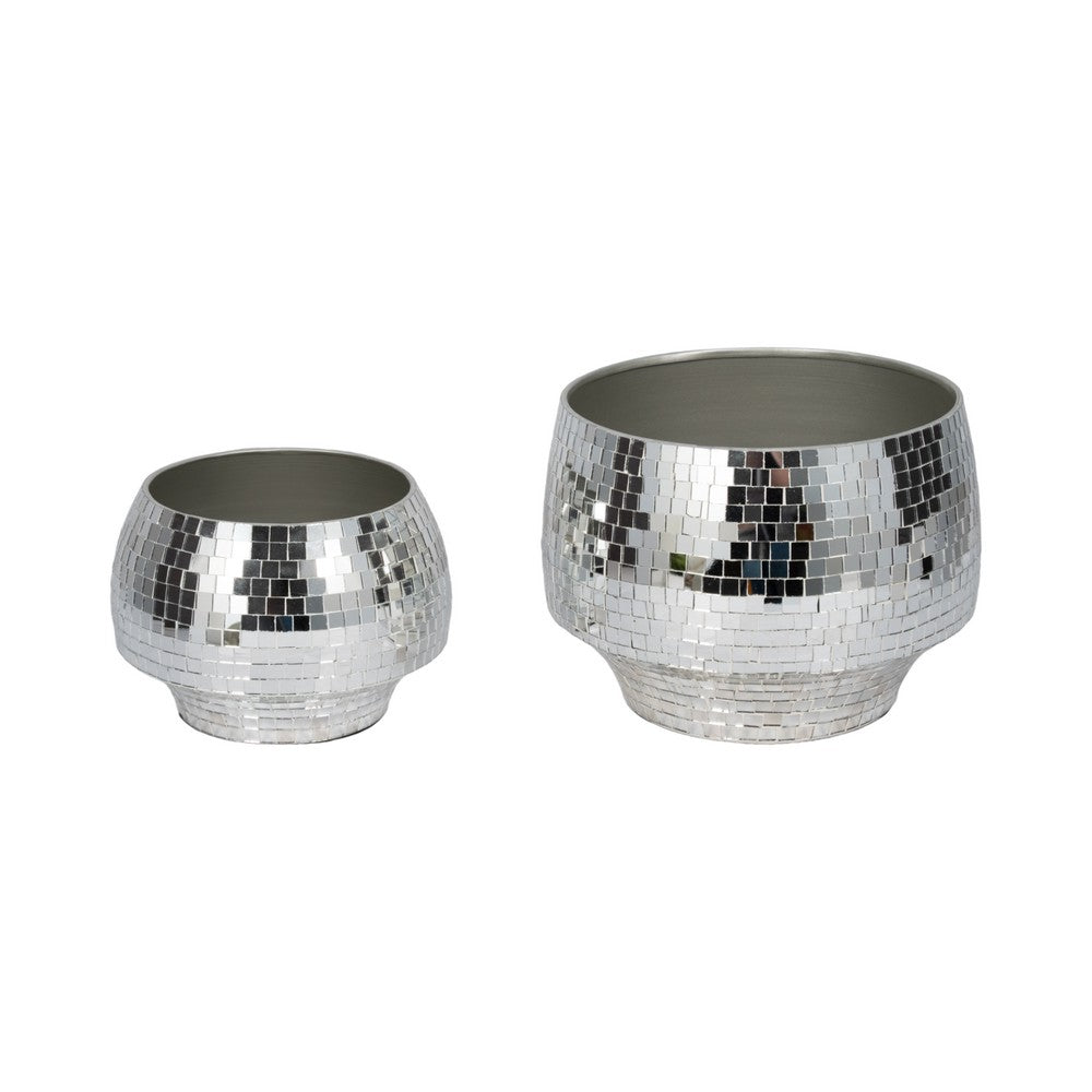 Indoor Outdoor Planter Set of 2 | Curved Disco Mosaic Design | Silver Iron
