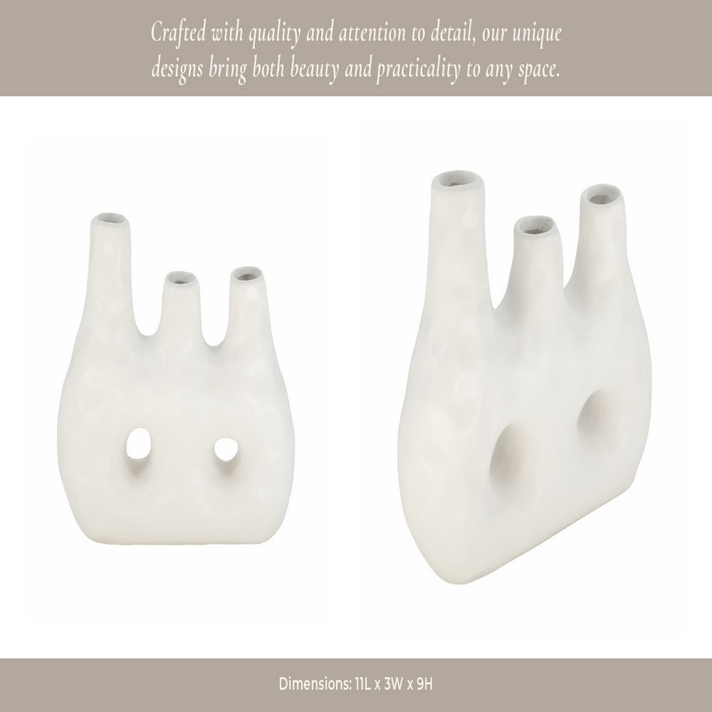 Decorative Floral Vase w 3 Abstract Openings | 11" Ivory Dolomite