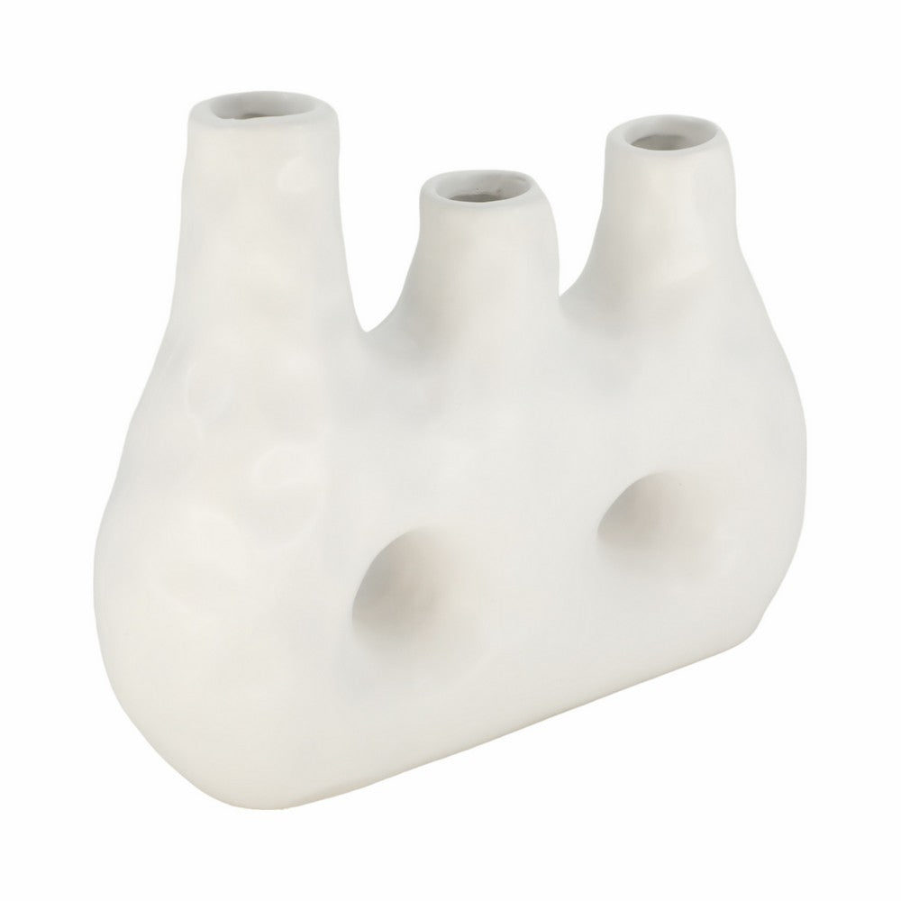 Decorative Floral Vase w 3 Abstract Openings | 11" Ivory Dolomite