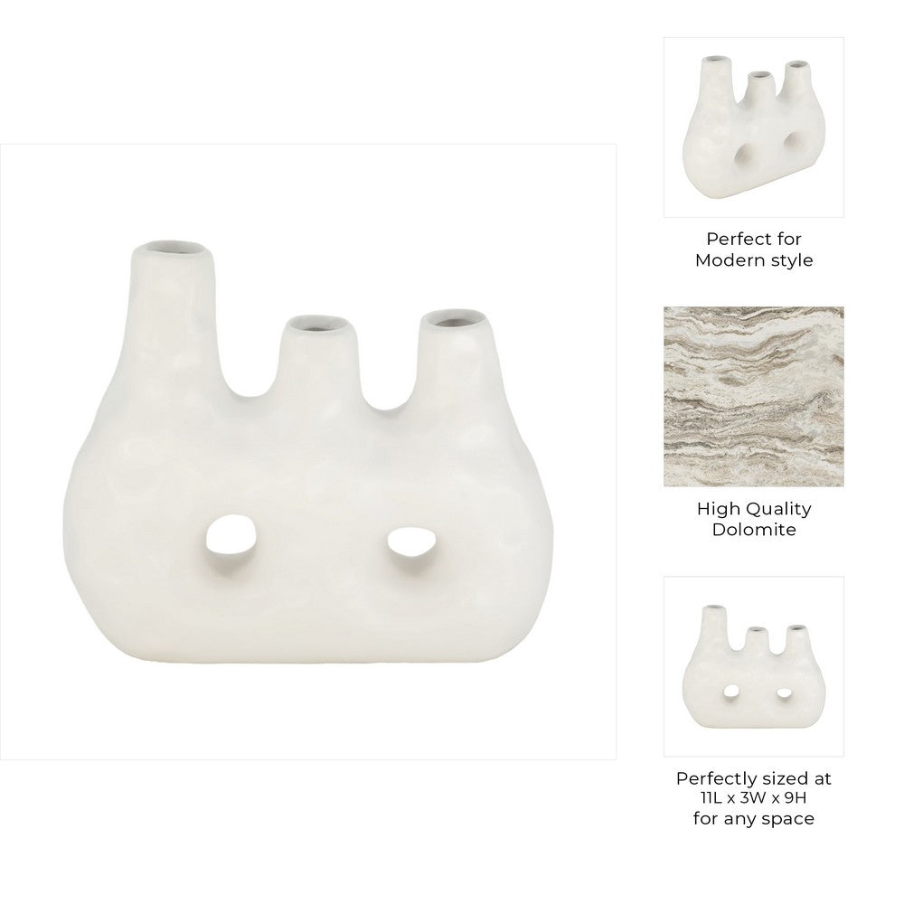 Decorative Floral Vase w 3 Abstract Openings | 11" Ivory Dolomite