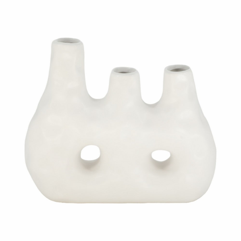 Decorative Floral Vase w 3 Abstract Openings | 11" Ivory Dolomite