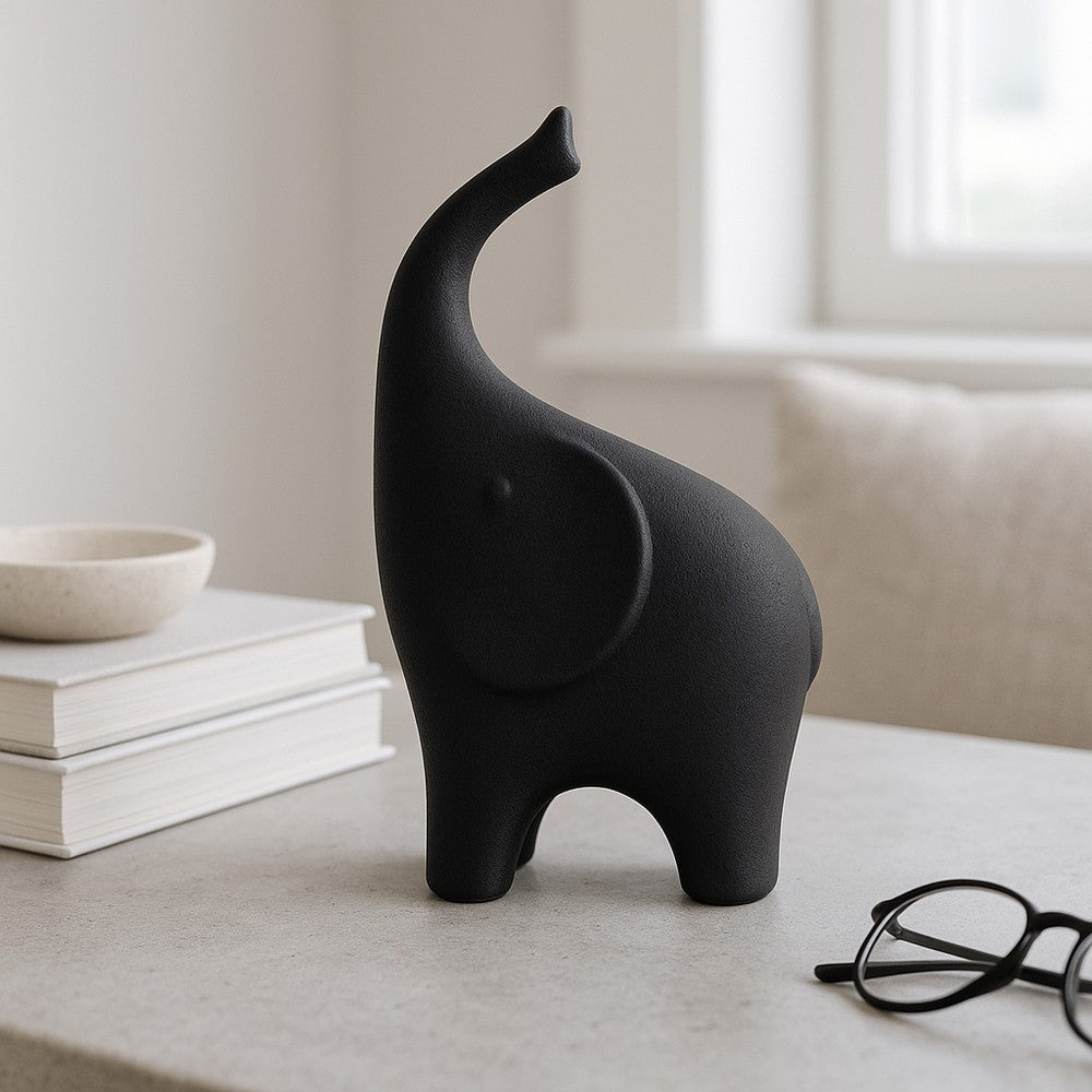 Elephant Sculpture Statue | Abstract Ears | 12" Black Texture Porcelain