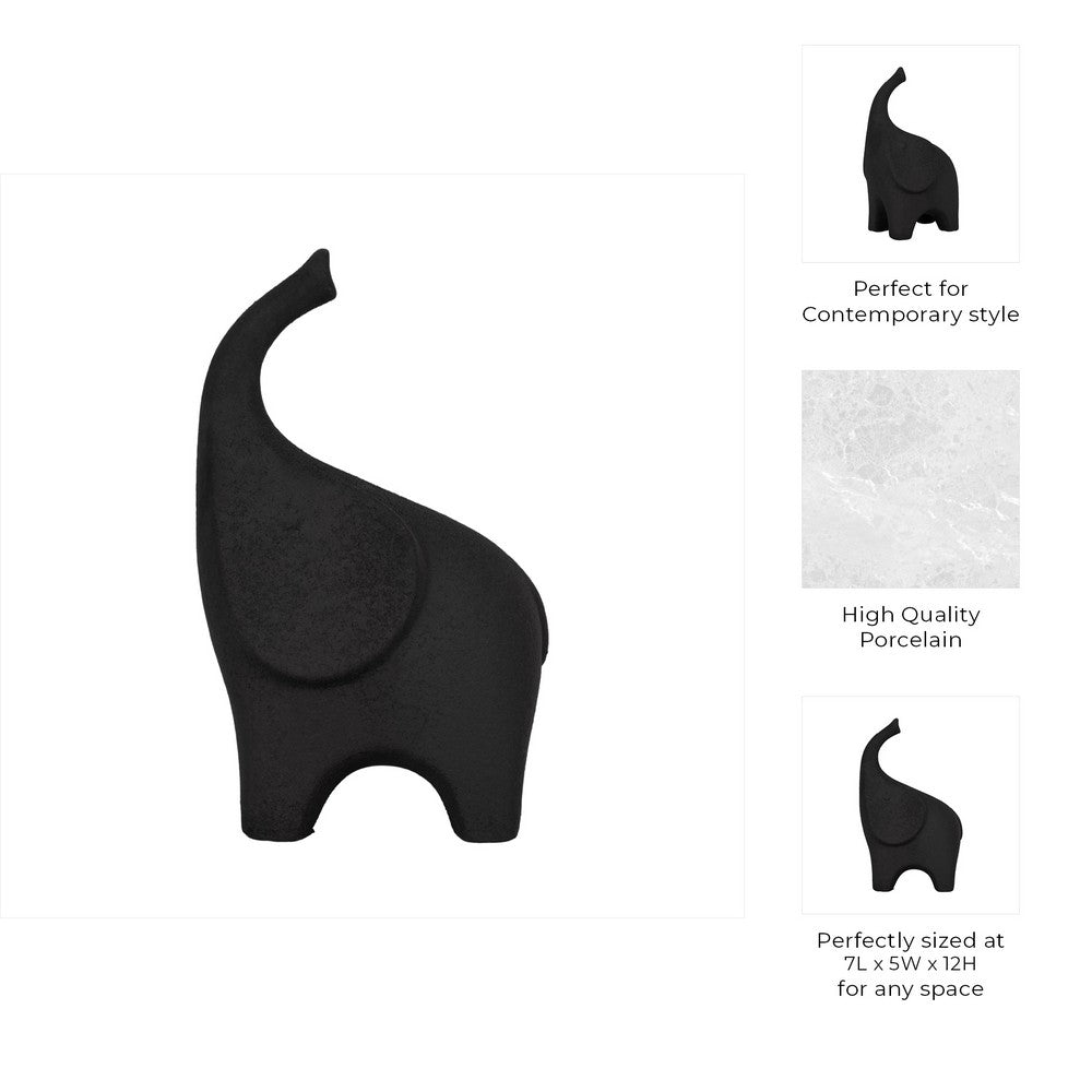 Elephant Sculpture Statue | Abstract Ears | 12" Black Texture Porcelain