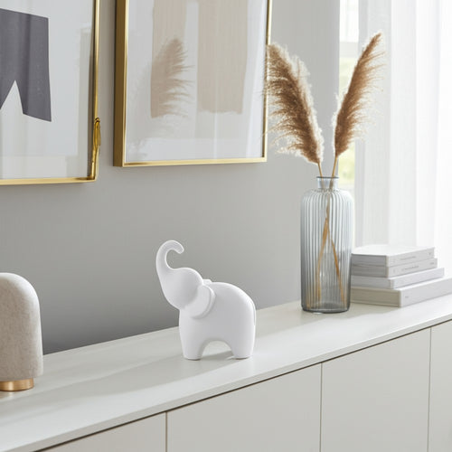 Elephant Sculpture Statuette with Trunk Up | 8" White Texture Porcelain
