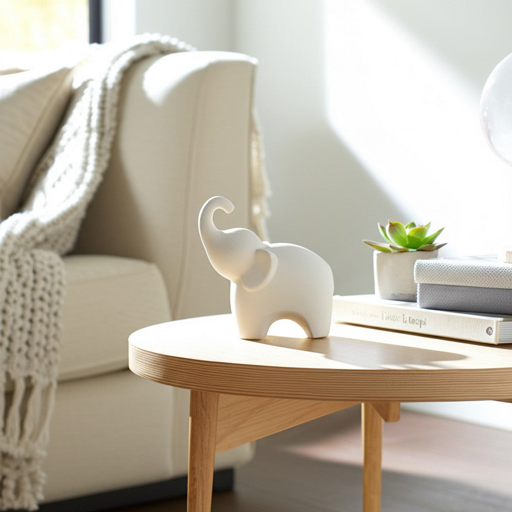 Elephant Sculpture Statuette with Trunk Up | 8" White Texture Porcelain