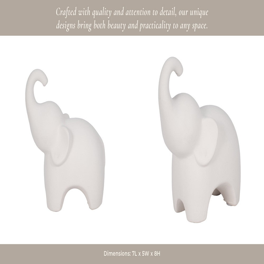 Elephant Sculpture Statuette with Trunk Up | 8" White Texture Porcelain