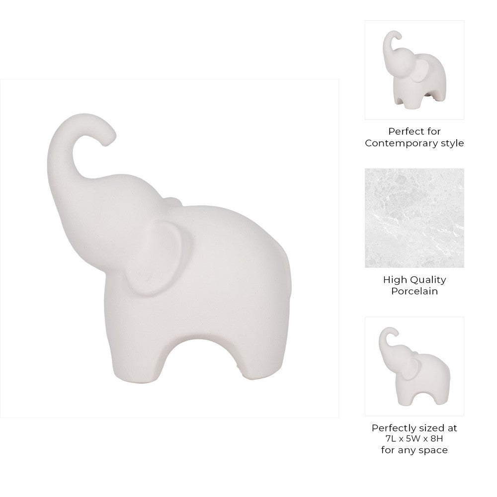 Elephant Sculpture Statuette with Trunk Up | 8" White Texture Porcelain