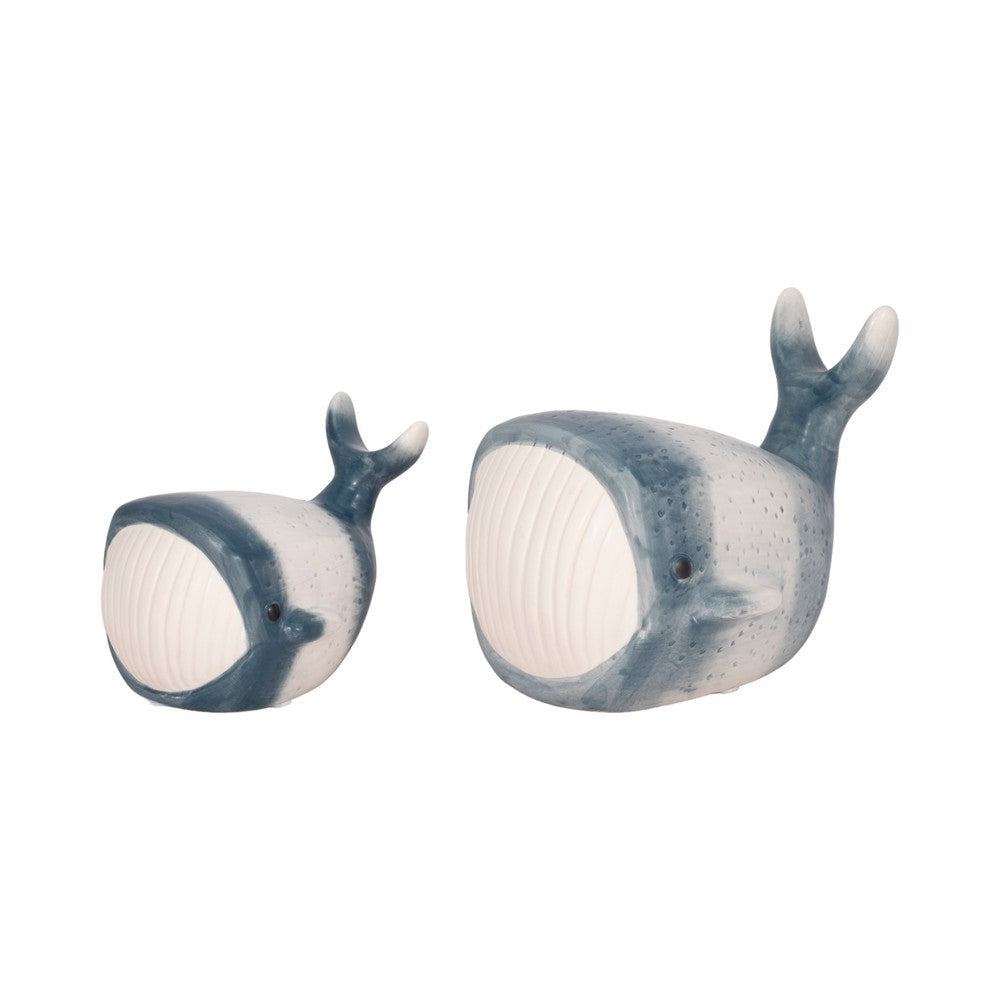 Decorative Accent Whale Statuette | 6" Blue White Ceramic Figurine
