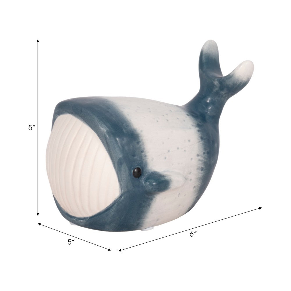 Decorative Accent Whale Statuette | 6" Blue White Ceramic Figurine
