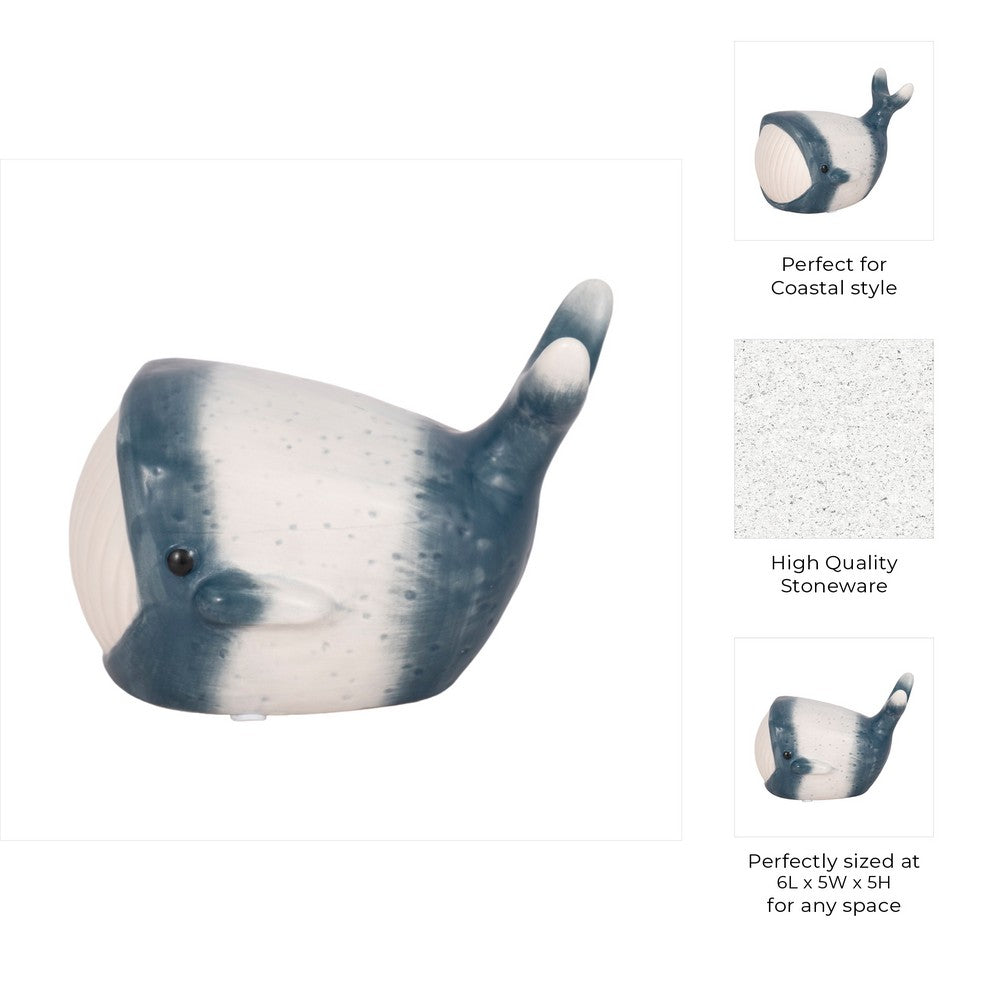 Decorative Accent Whale Statuette | 6" Blue White Ceramic Figurine