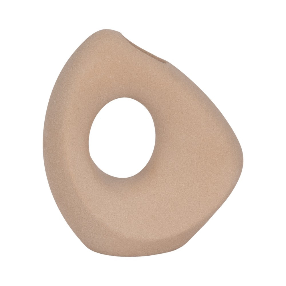 Lopsided Decorative Vase | 8" Open Ring Textured Tan Brown Ceramic