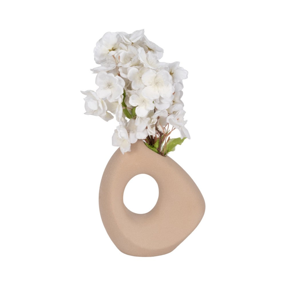 Lopsided Decorative Vase | 8" Open Ring Textured Tan Brown Ceramic