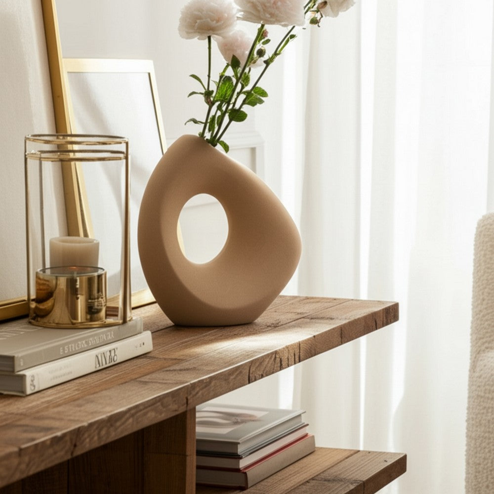 Lopsided Decorative Vase | 8" Open Ring Textured Tan Brown Ceramic