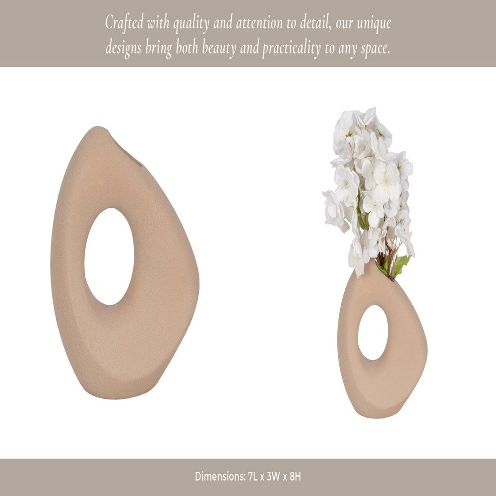 Lopsided Decorative Vase | 8" Open Ring Textured Tan Brown Ceramic