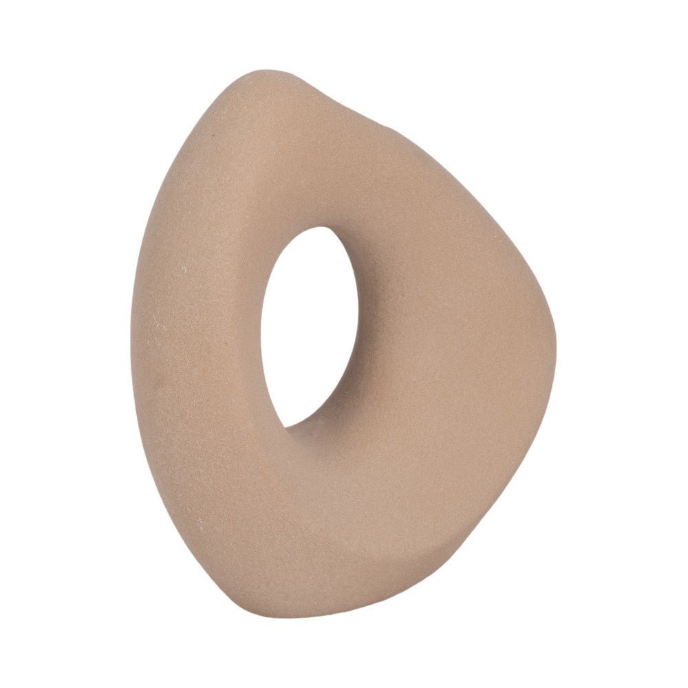 Lopsided Decorative Vase | 8" Open Ring Textured Tan Brown Ceramic