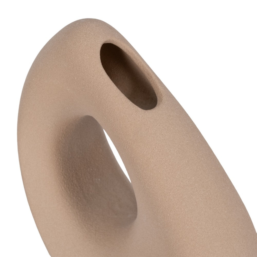 Lopsided Decorative Vase | 8" Open Ring Textured Tan Brown Ceramic