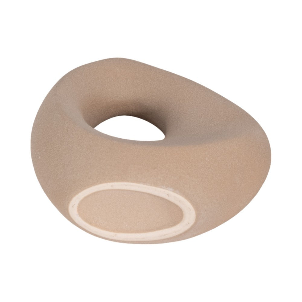 Lopsided Decorative Vase | 8" Open Ring Textured Tan Brown Ceramic