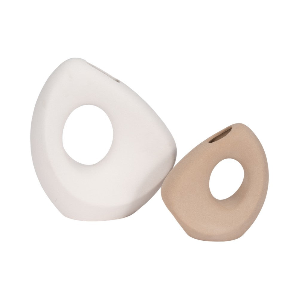 Lopsided Decorative Vase | 8" Open Ring Textured Tan Brown Ceramic