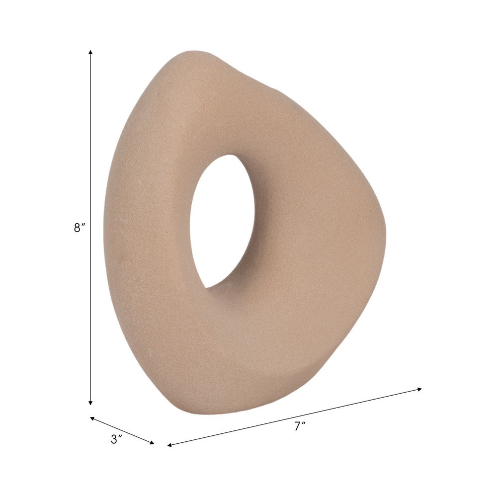 Lopsided Decorative Vase | 8" Open Ring Textured Tan Brown Ceramic