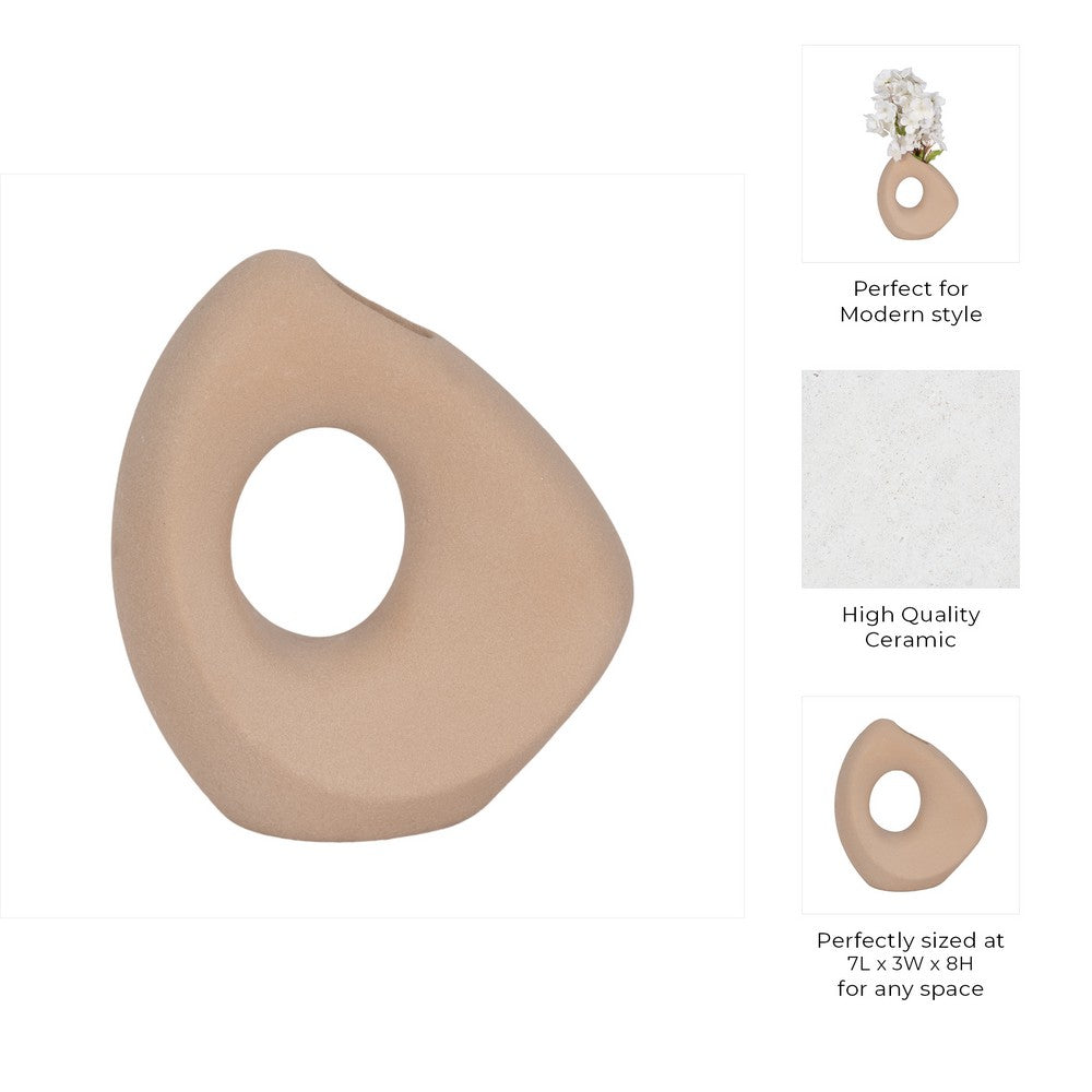 Lopsided Decorative Vase | 8" Open Ring Textured Tan Brown Ceramic