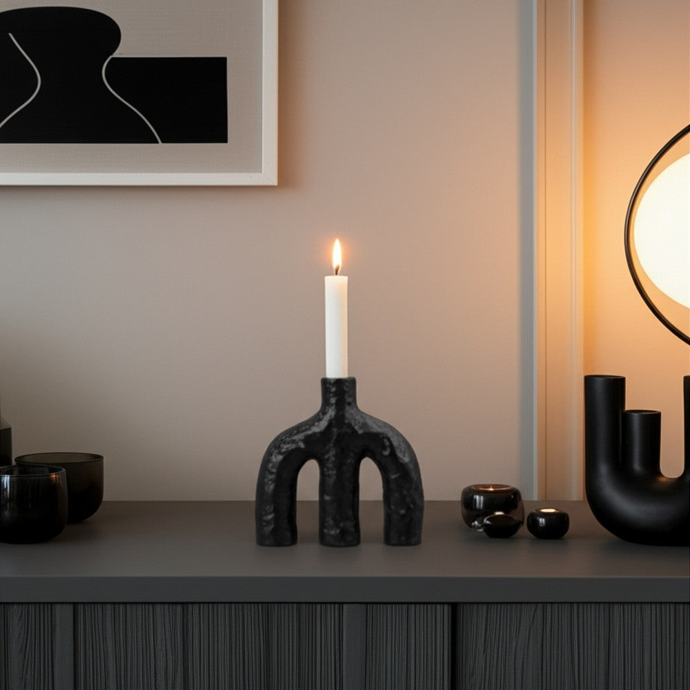 Tapered Candle Holder | Double Arched Design | Textured Black Ceramic