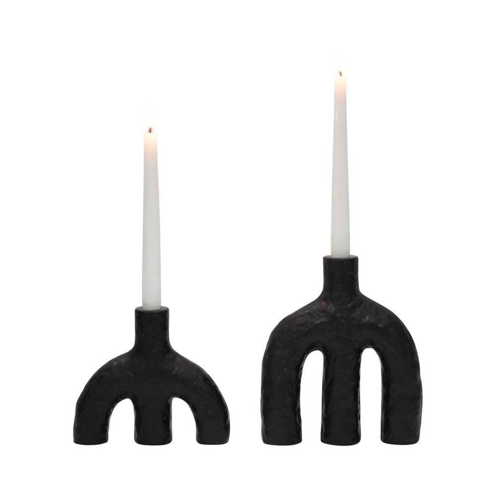 Tapered Candle Holder | Double Arched Design | Textured Black Ceramic