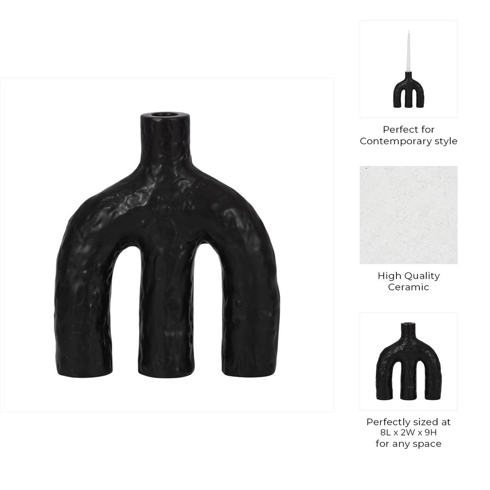 Tapered Candle Holder | Double Arched Design | Textured Black Ceramic