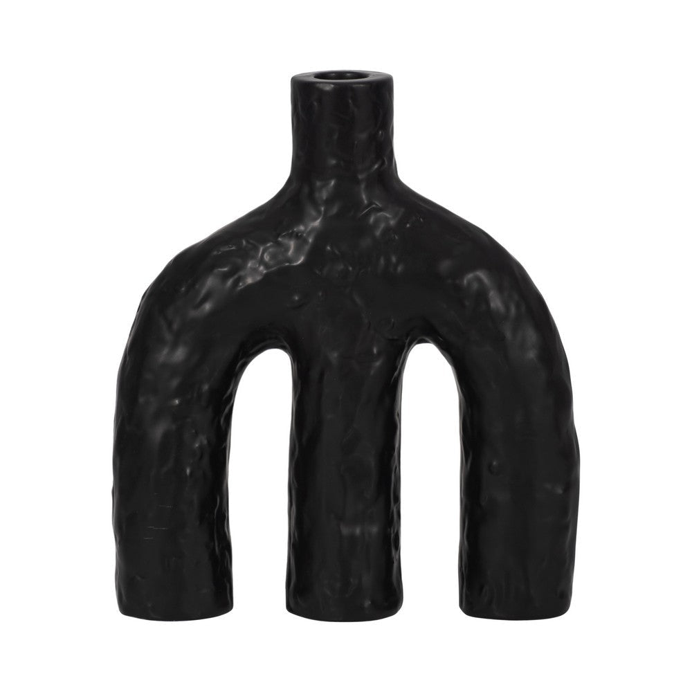 Tapered Candle Holder | Double Arched Design | Textured Black Ceramic SBH-20426-02