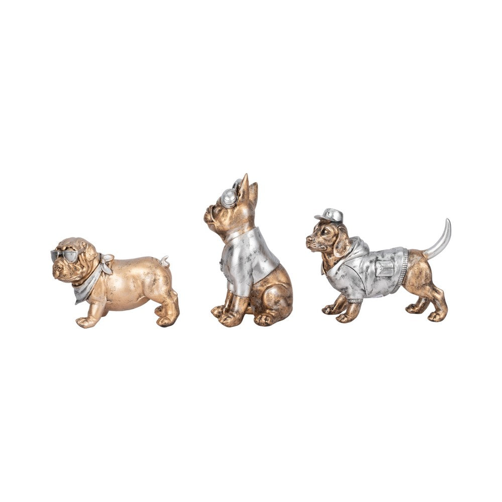 Mort Cool Dogs Decor Set of 3 | Cute Poses | Gold Polyresin 6 | 8 | 10"