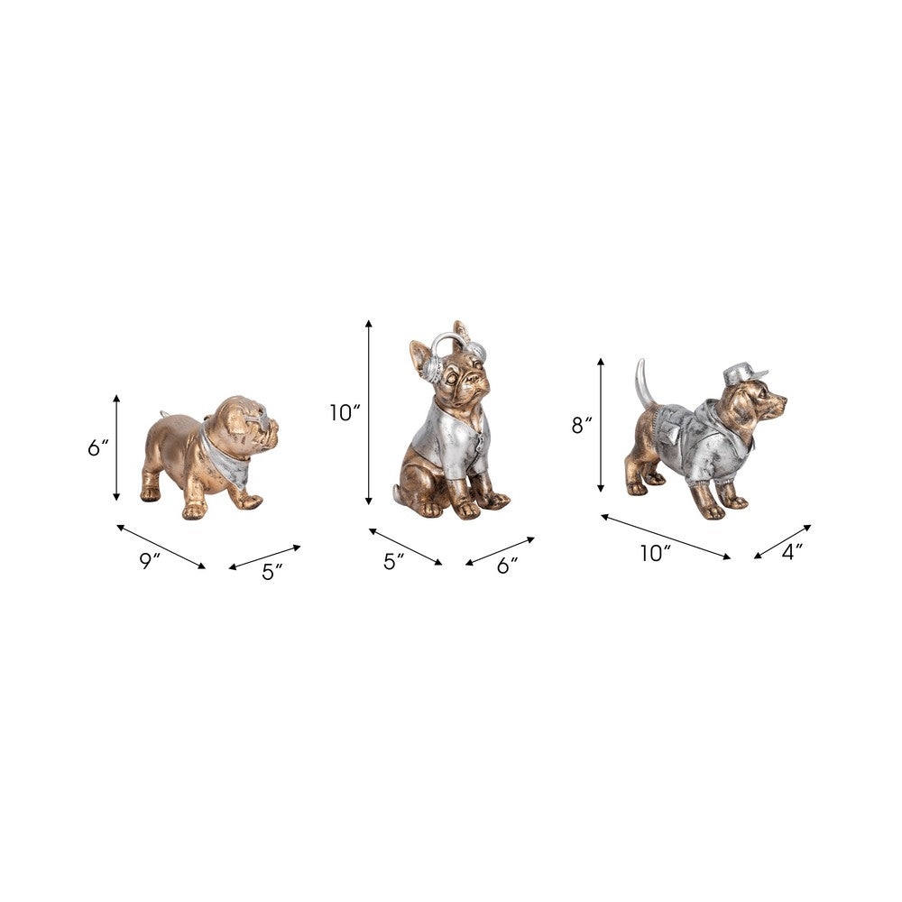 Mort Cool Dogs Decor Set of 3 | Cute Poses | Gold Polyresin 6 | 8 | 10"