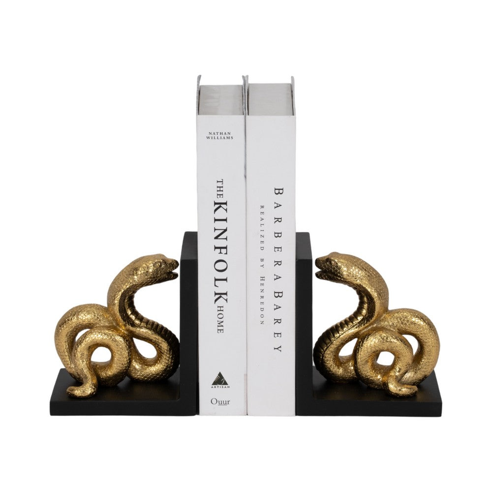 Elegant Snake Bookend Set of 2 | Gold Polyresin Serpents | Black Base