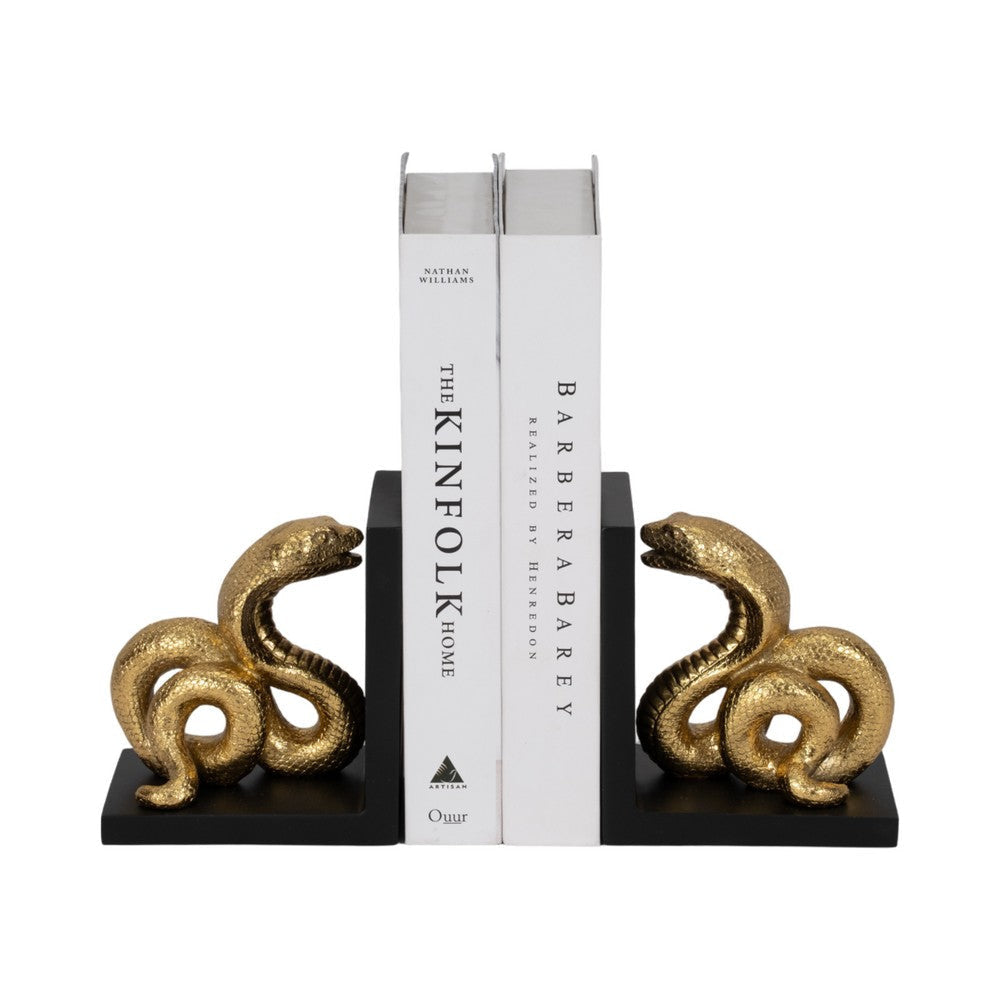 Elegant Snake Bookend Set of 2 | Gold Polyresin Serpents | Black Base SBH-20435