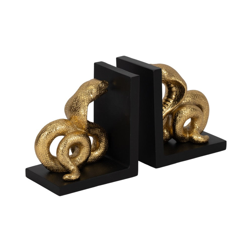 Elegant Snake Bookend Set of 2 | Gold Polyresin Serpents | Black Base