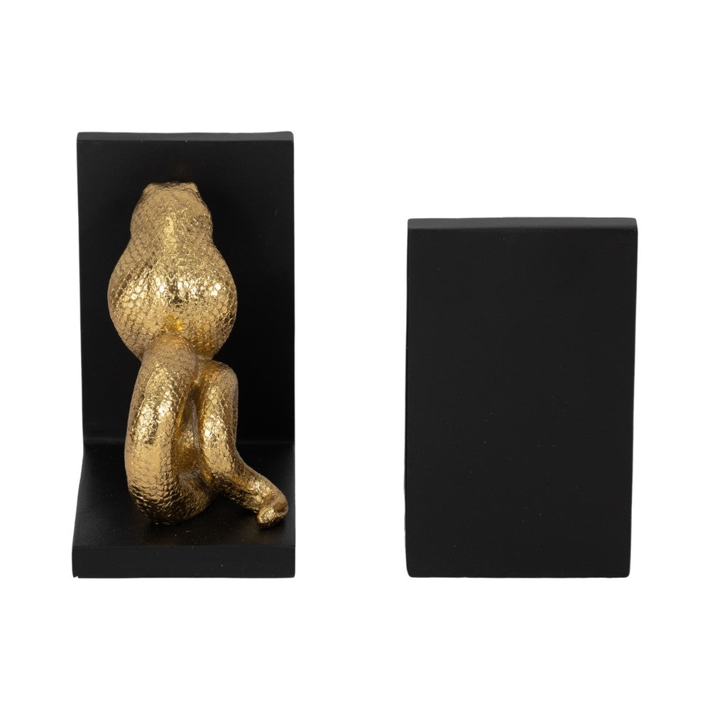Elegant Snake Bookend Set of 2 | Gold Polyresin Serpents | Black Base