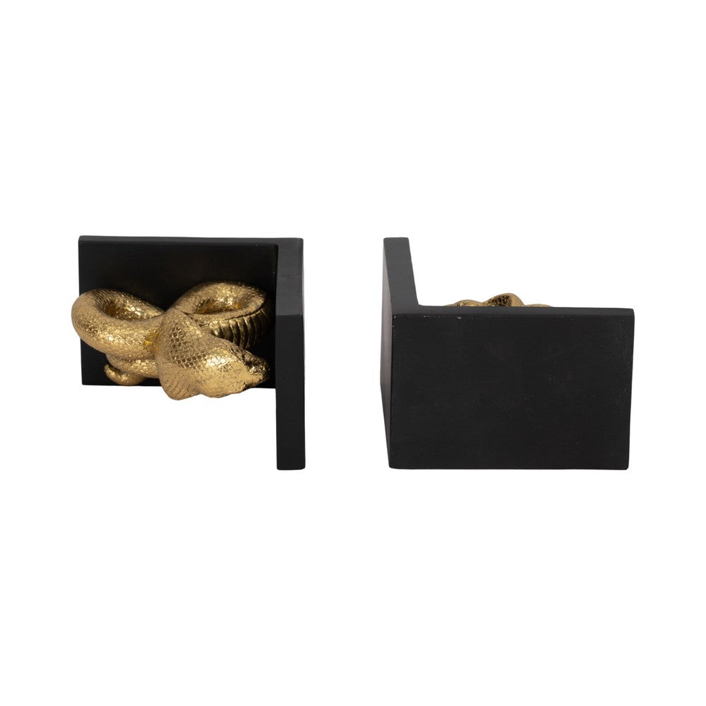 Elegant Snake Bookend Set of 2 | Gold Polyresin Serpents | Black Base