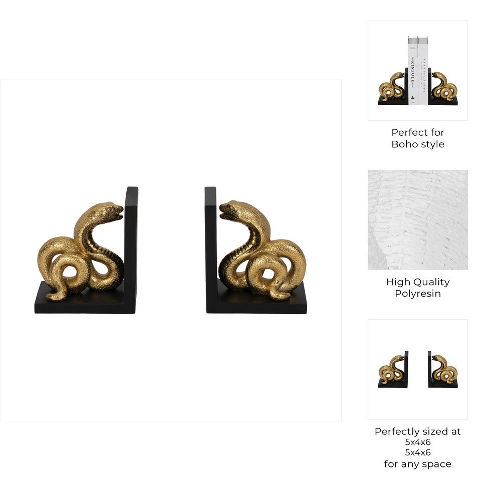 Elegant Snake Bookend Set of 2 | Gold Polyresin Serpents | Black Base