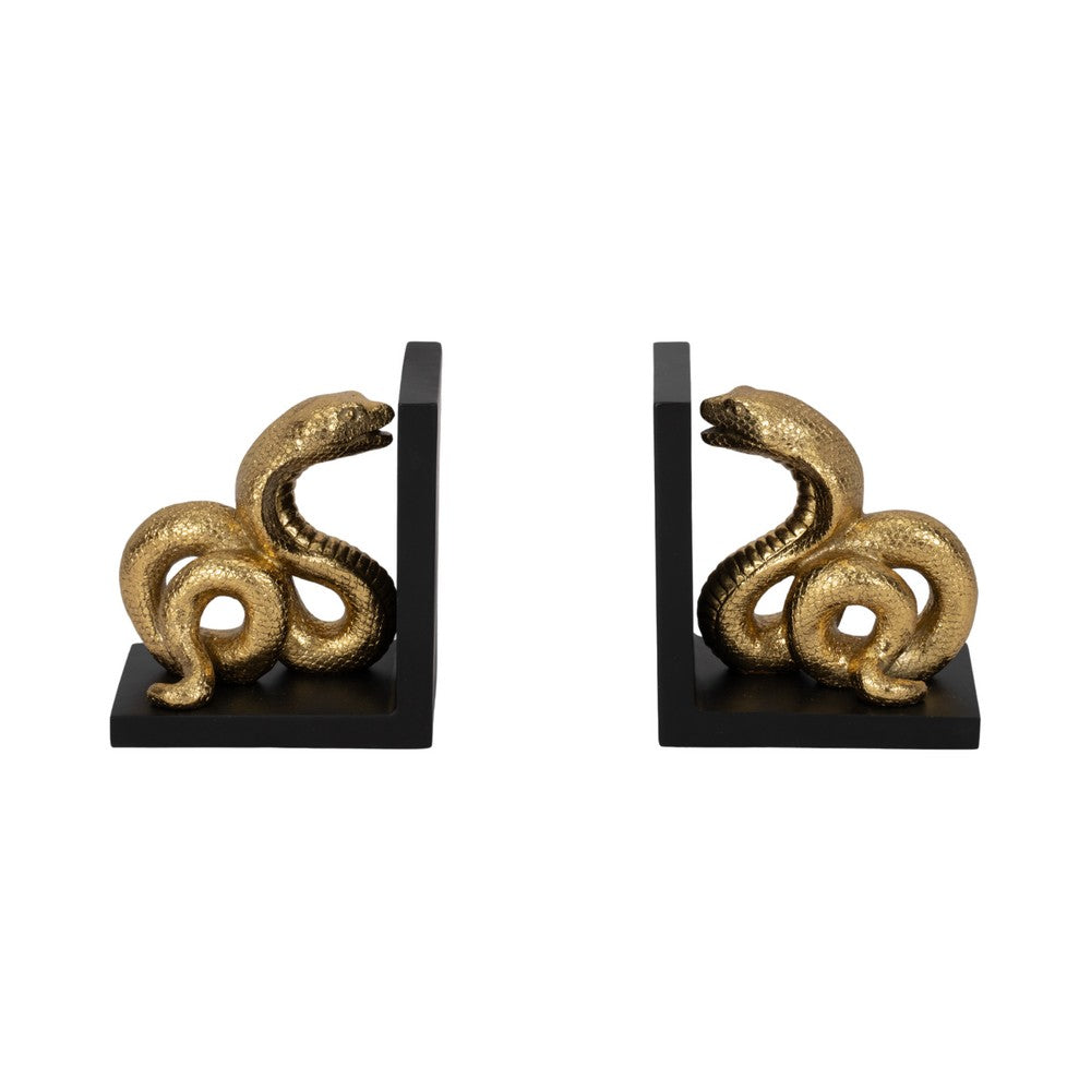 Elegant Snake Bookend Set of 2 | Gold Polyresin Serpents | Black Base